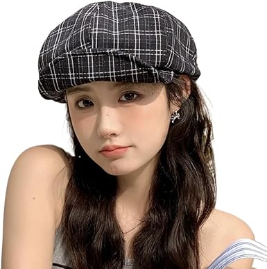 Cute Summer Plaid Hats for Women Vintage Y2K Preppy Berets Harajuku Cabbie Painter Hat Cap Fairy Grunge Newspaper Cap